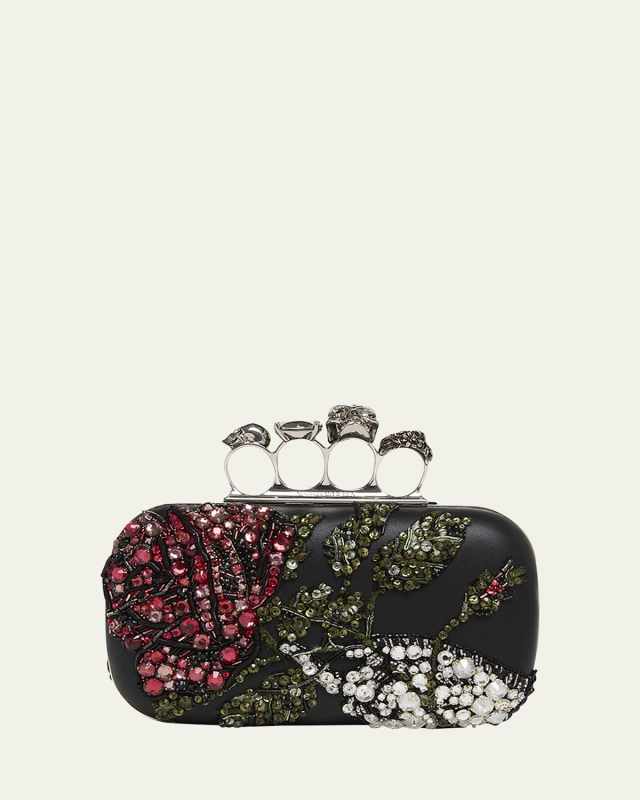 Bead & Crystal Flower Skull Four Ring Clutch Bag